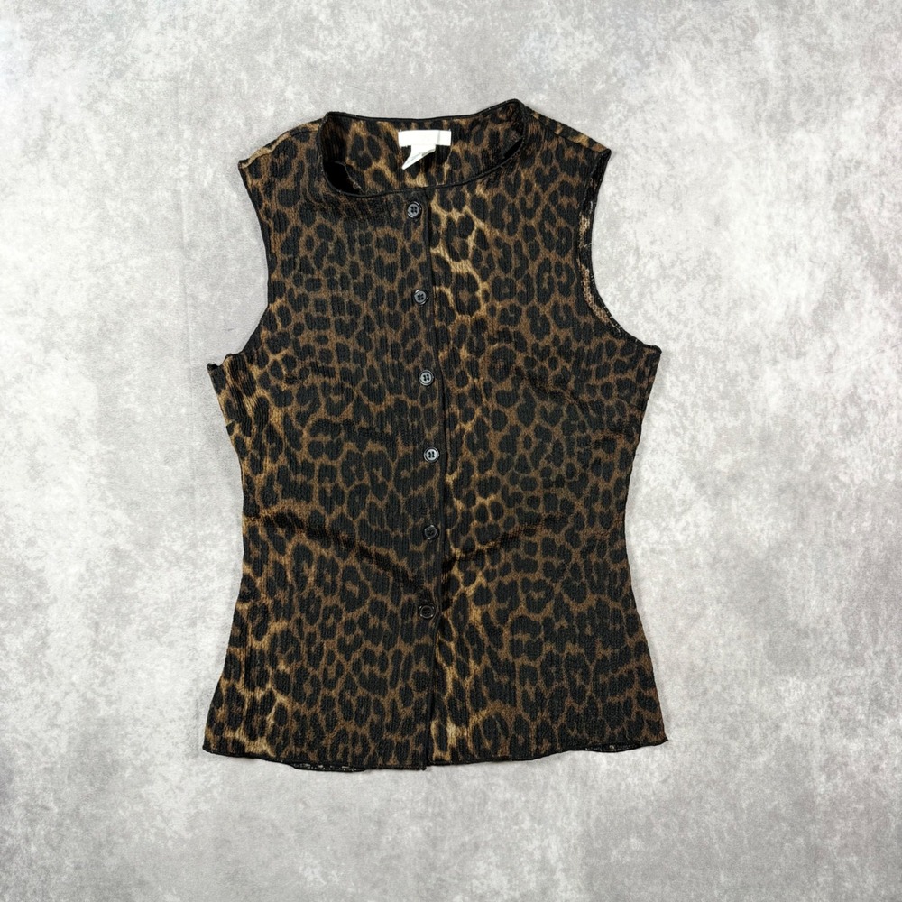HM Women Leopard Print Sleeveless Button Down Textured Top Brown XS Y2K Mob Wife